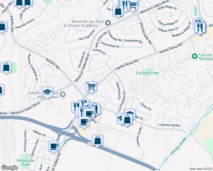 map of restaurants, bars, coffee shops, grocery stores, and more near 5084 Mesquite Street in Camarillo