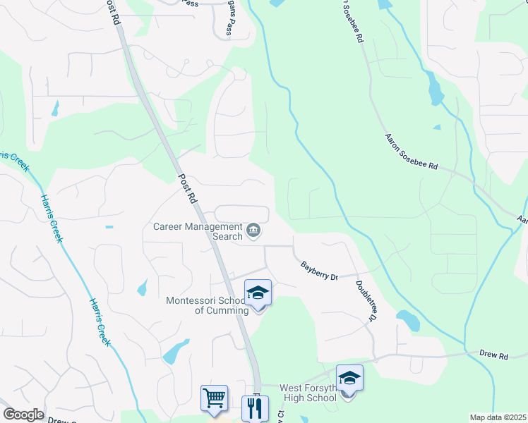 map of restaurants, bars, coffee shops, grocery stores, and more near 4635 Prather Farm Circle in Cumming