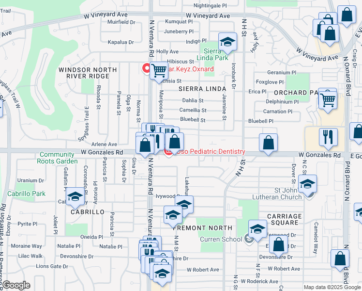 map of restaurants, bars, coffee shops, grocery stores, and more near West Gonzales Road in Oxnard