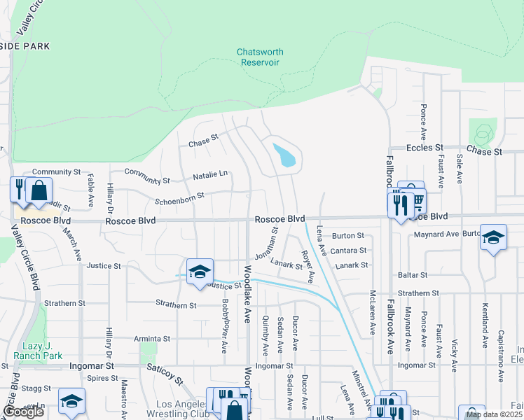 map of restaurants, bars, coffee shops, grocery stores, and more near 8309 Denise Lane in Los Angeles