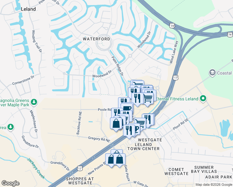 map of restaurants, bars, coffee shops, grocery stores, and more near 1050 Garden Club Way in Leland