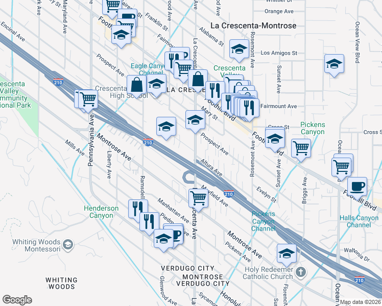 map of restaurants, bars, coffee shops, grocery stores, and more near 2804 Altura Avenue in La Crescenta-Montrose