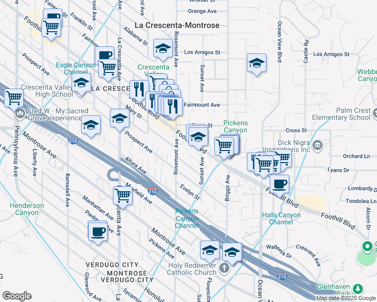 map of restaurants, bars, coffee shops, grocery stores, and more near 2535 Mary Street in La Crescenta-Montrose
