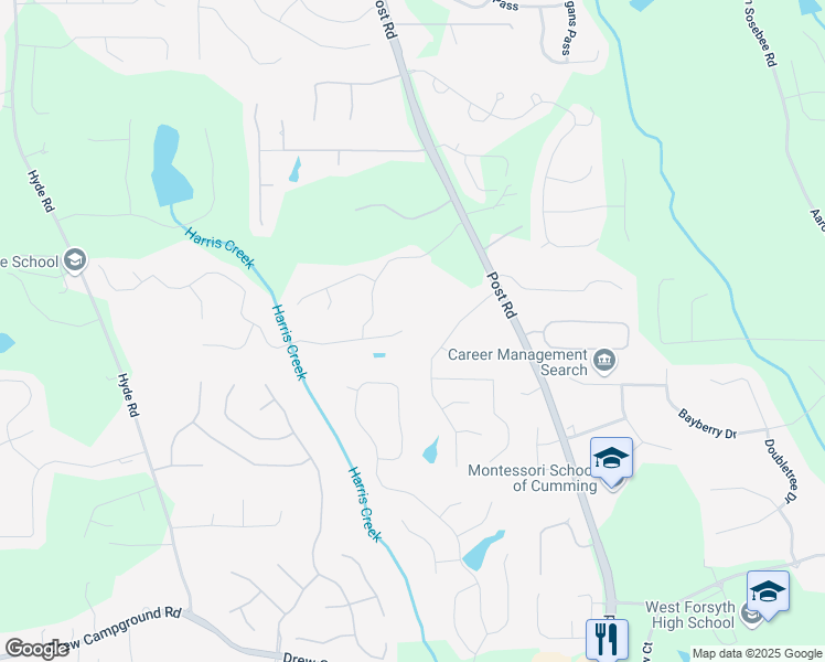 map of restaurants, bars, coffee shops, grocery stores, and more near 4445 Ansley Lane in Cumming