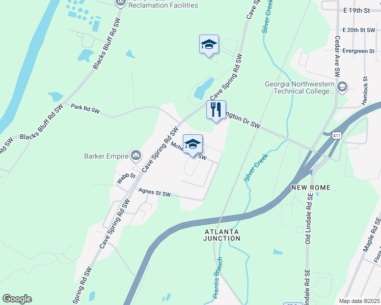 map of restaurants, bars, coffee shops, grocery stores, and more near 100 Mchenry Drive Southwest in Rome