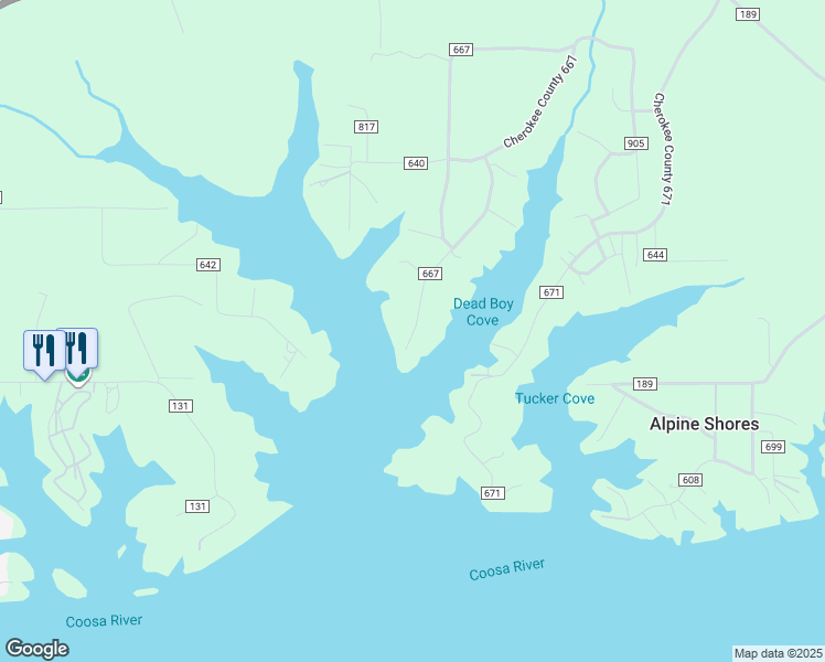 map of restaurants, bars, coffee shops, grocery stores, and more near 65 Cherokee County 667 in Cedar Bluff