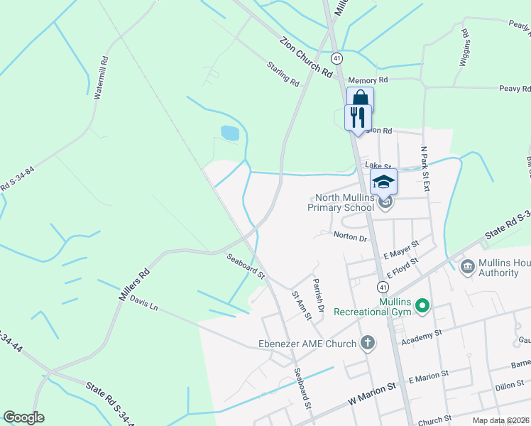 map of restaurants, bars, coffee shops, grocery stores, and more near 1321 State Road S-34-757 in Mullins