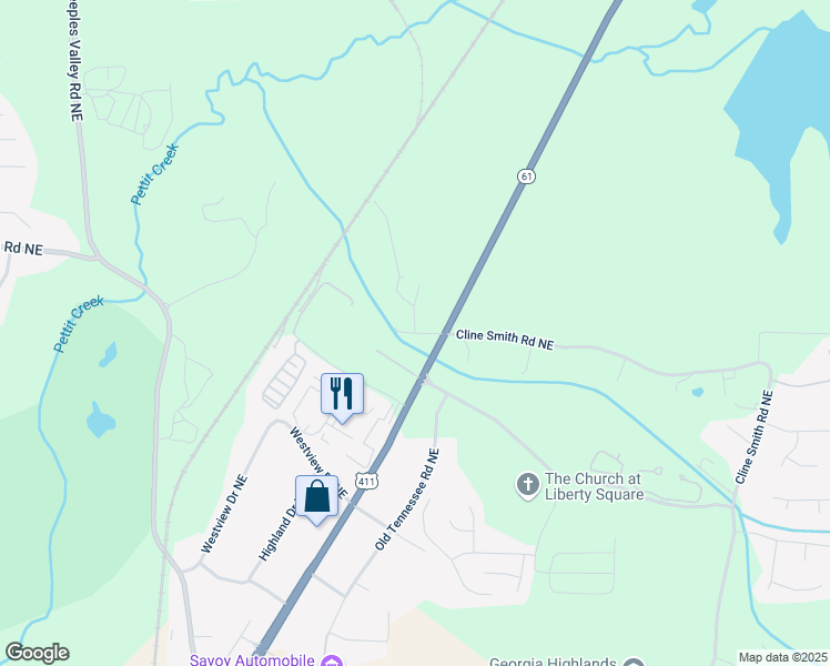 map of restaurants, bars, coffee shops, grocery stores, and more near 0 Johnson Lane Northeast in Cartersville
