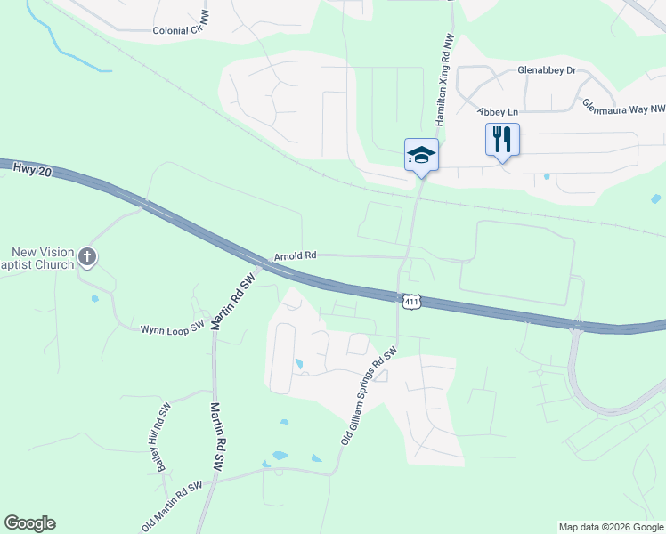 map of restaurants, bars, coffee shops, grocery stores, and more near 58 Arnold Road in Cartersville