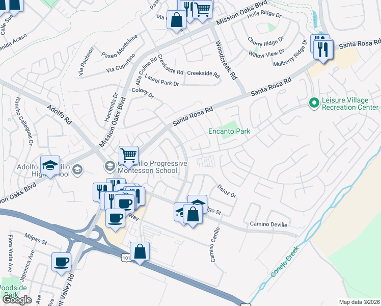 map of restaurants, bars, coffee shops, grocery stores, and more near 1111 Village 1 in Camarillo
