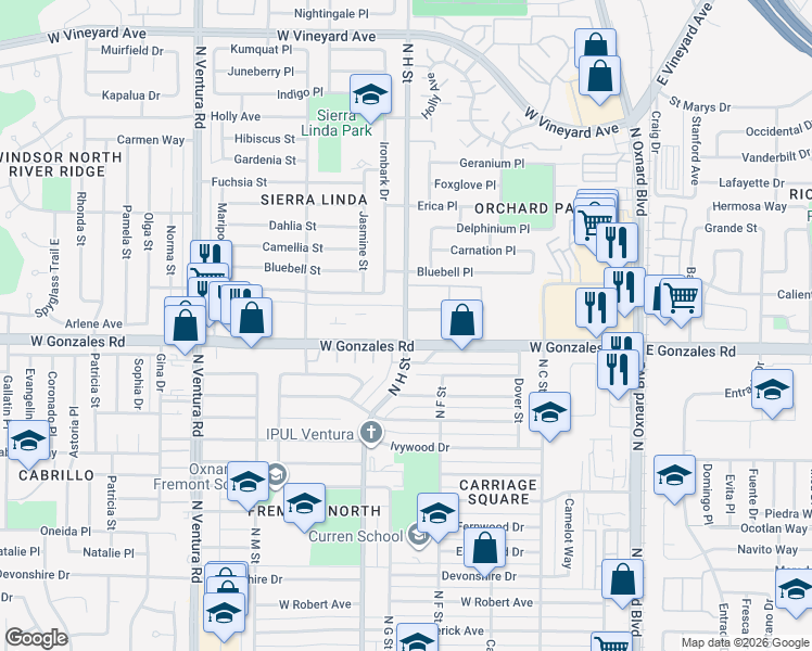 map of restaurants, bars, coffee shops, grocery stores, and more near North H Street in Oxnard