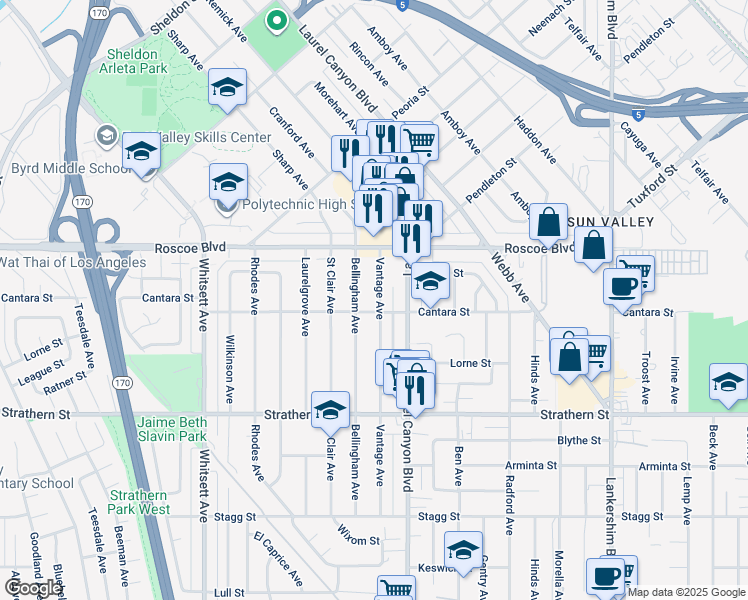 map of restaurants, bars, coffee shops, grocery stores, and more near 8201 Vantage Avenue in Los Angeles