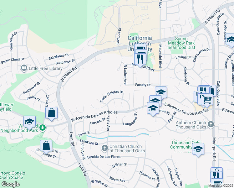 map of restaurants, bars, coffee shops, grocery stores, and more near 212 Cedar Heights Drive in Thousand Oaks