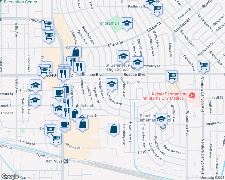 map of restaurants, bars, coffee shops, grocery stores, and more near 8141 Calhoun Ave in Los Angeles