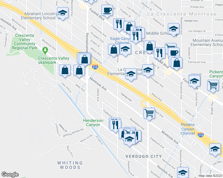 map of restaurants, bars, coffee shops, grocery stores, and more near 3021 Montrose Avenue in Glendale