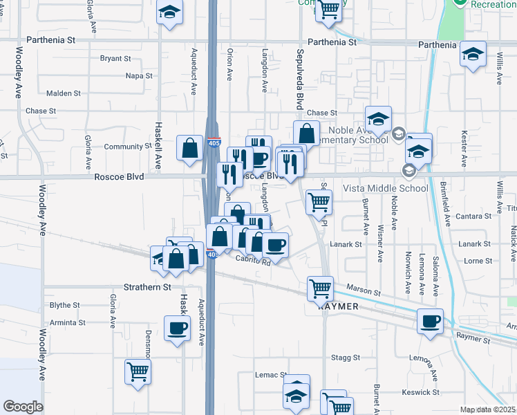 map of restaurants, bars, coffee shops, grocery stores, and more near 8165 Langdon Avenue in Los Angeles