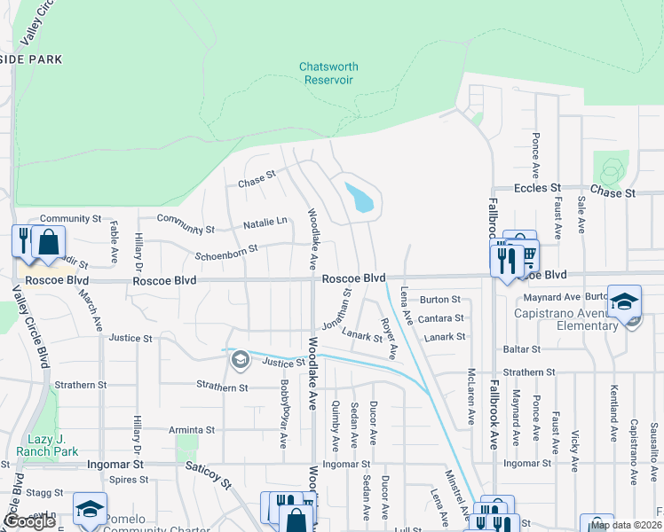 map of restaurants, bars, coffee shops, grocery stores, and more near 8300 Woodlake Avenue in Los Angeles