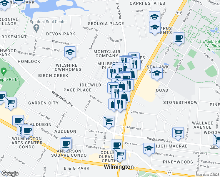 map of restaurants, bars, coffee shops, grocery stores, and more near 4306 Wilshire Boulevard in Wilmington