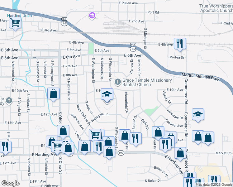 map of restaurants, bars, coffee shops, grocery stores, and more near 1007 South Wisconsin Street in Pine Bluff