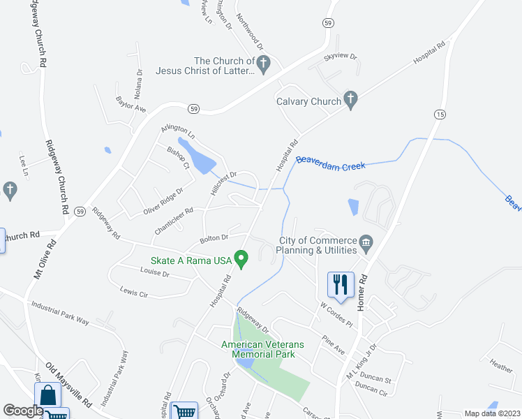 map of restaurants, bars, coffee shops, grocery stores, and more near 22 Preston Court in Commerce