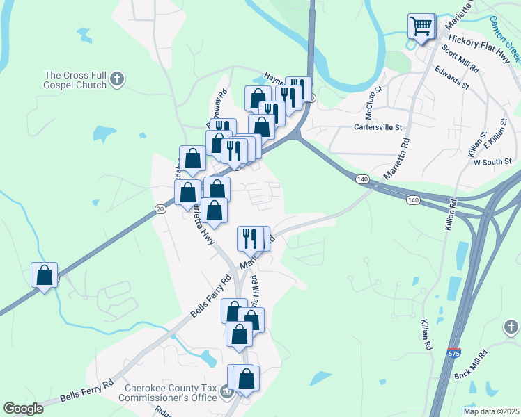 map of restaurants, bars, coffee shops, grocery stores, and more near 520 Herndon Way in Canton