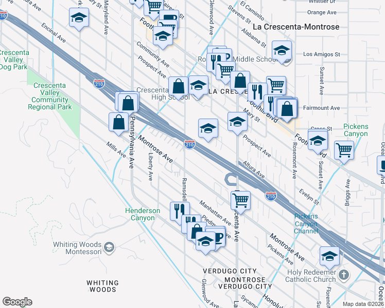 map of restaurants, bars, coffee shops, grocery stores, and more near 2944 Mayfield Avenue in La Crescenta-Montrose