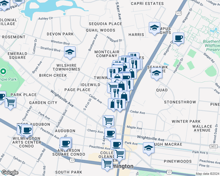 map of restaurants, bars, coffee shops, grocery stores, and more near 4220 Wilshire Boulevard in Wilmington