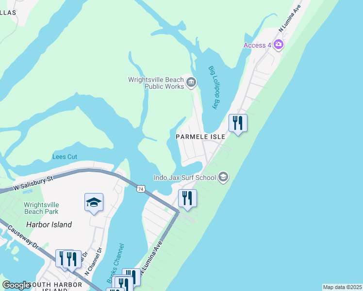 map of restaurants, bars, coffee shops, grocery stores, and more near 11 Bahama Drive in Wrightsville Beach