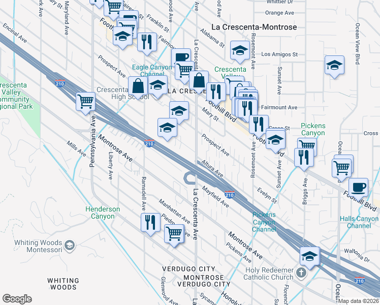 map of restaurants, bars, coffee shops, grocery stores, and more near 2804 Altura Avenue in La Crescenta-Montrose