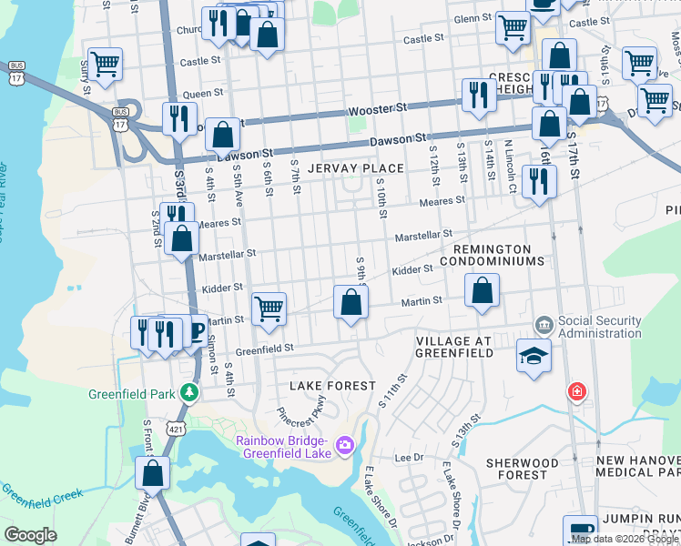 map of restaurants, bars, coffee shops, grocery stores, and more near 1225 South 8th Street in Wilmington