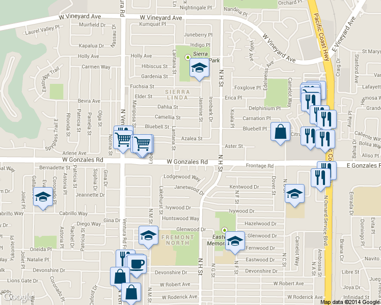 map of restaurants, bars, coffee shops, grocery stores, and more near 1001 West Gonzales Road in Oxnard