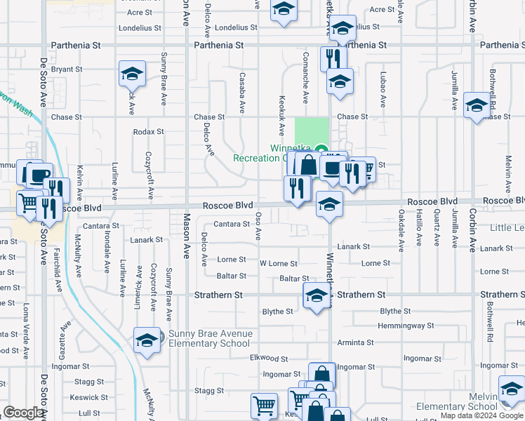 map of restaurants, bars, coffee shops, grocery stores, and more near 20258 Roscoe Boulevard in Los Angeles