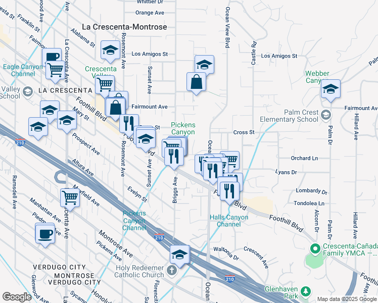 map of restaurants, bars, coffee shops, grocery stores, and more near 2348 Conle Way in La Cañada Flintridge