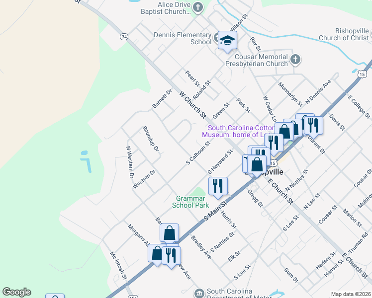 map of restaurants, bars, coffee shops, grocery stores, and more near 136 South Calhoun Street in Bishopville