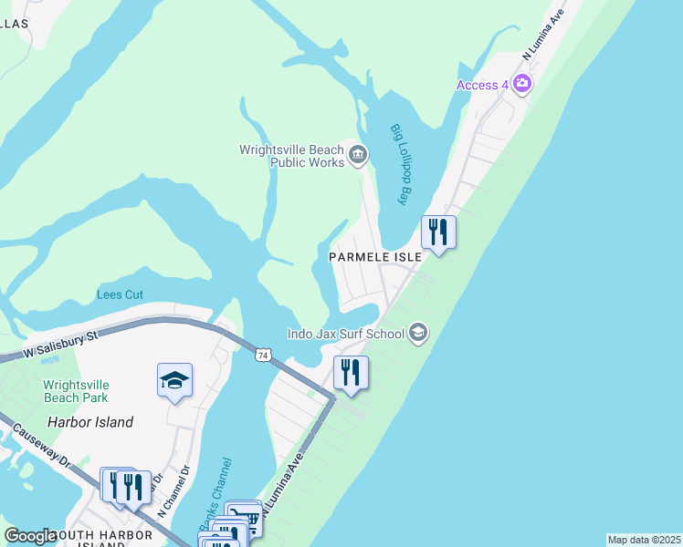 map of restaurants, bars, coffee shops, grocery stores, and more near 11 Bahama Drive in Wrightsville Beach