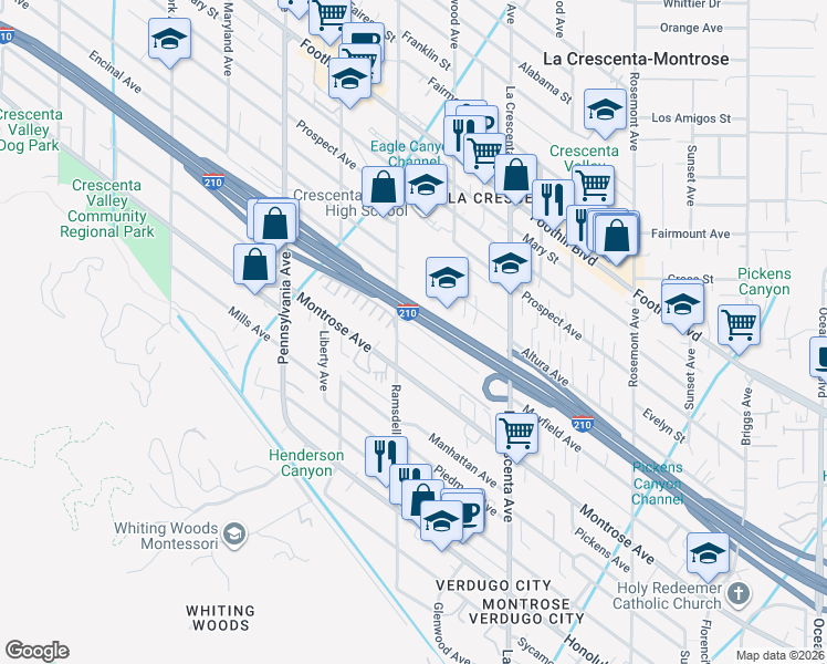 map of restaurants, bars, coffee shops, grocery stores, and more near 2944 Mayfield Avenue in La Crescenta-Montrose