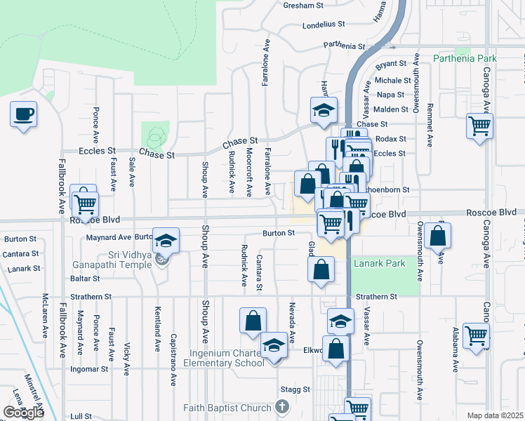 map of restaurants, bars, coffee shops, grocery stores, and more near 22225 Roscoe Boulevard in Los Angeles