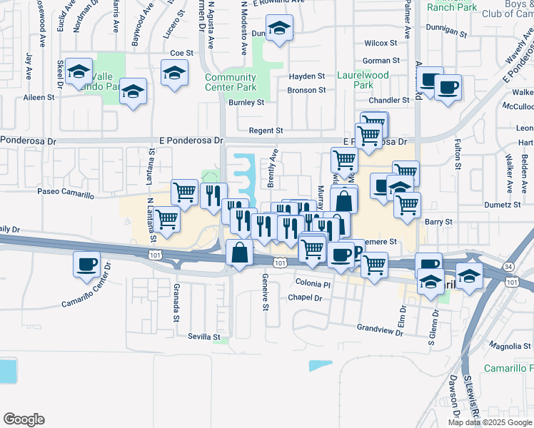 map of restaurants, bars, coffee shops, grocery stores, and more near 313 Jalisco Court in Camarillo