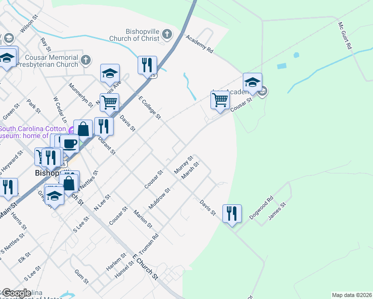 map of restaurants, bars, coffee shops, grocery stores, and more near 430 Cousar Street in Bishopville