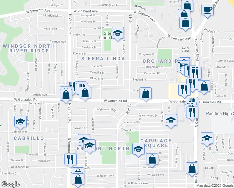 map of restaurants, bars, coffee shops, grocery stores, and more near 1001 West Gonzales Road in Oxnard