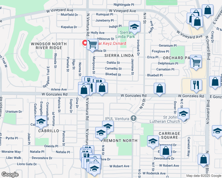 map of restaurants, bars, coffee shops, grocery stores, and more near 1253 West Gonzales Road in Oxnard