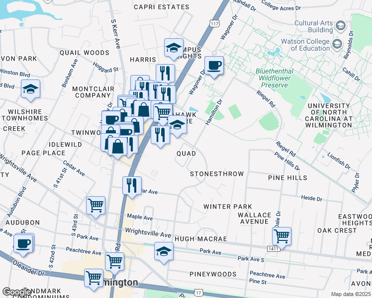 map of restaurants, bars, coffee shops, grocery stores, and more near 4801 Atlantis Court in Wilmington