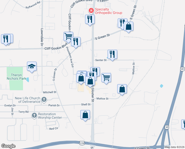 map of restaurants, bars, coffee shops, grocery stores, and more near 801 Mitchell Road Extension in Tupelo