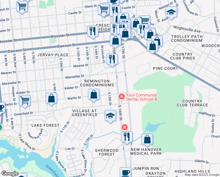 map of restaurants, bars, coffee shops, grocery stores, and more near 1315 South 15th Street in Wilmington