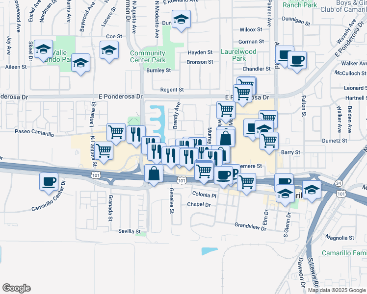 map of restaurants, bars, coffee shops, grocery stores, and more near 342 Lido Court in Camarillo