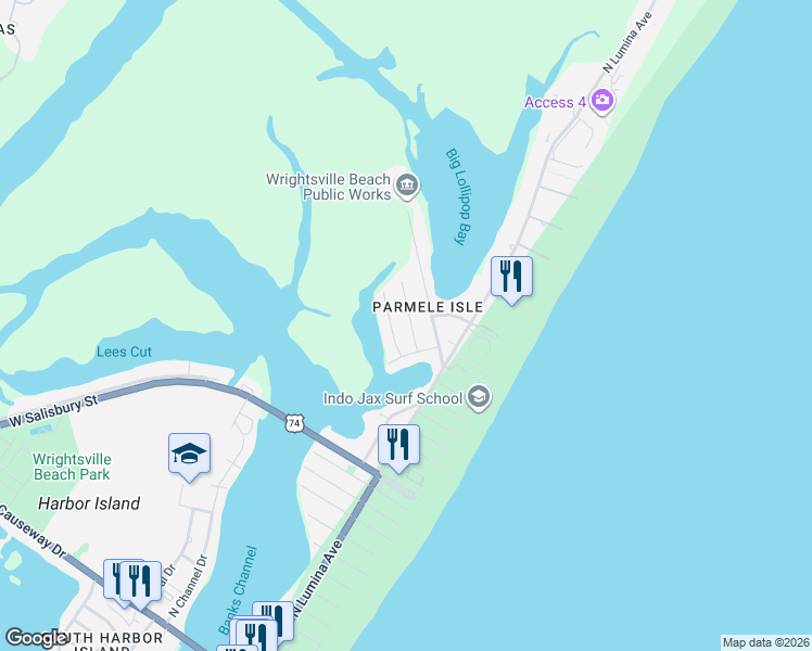 map of restaurants, bars, coffee shops, grocery stores, and more near 6 Bahama Drive in Wrightsville Beach