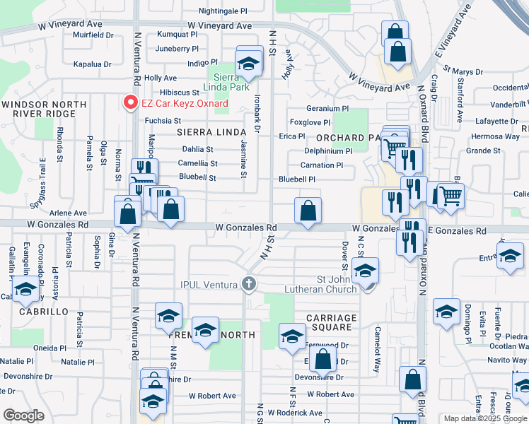 map of restaurants, bars, coffee shops, grocery stores, and more near 1925 North H Street in Oxnard