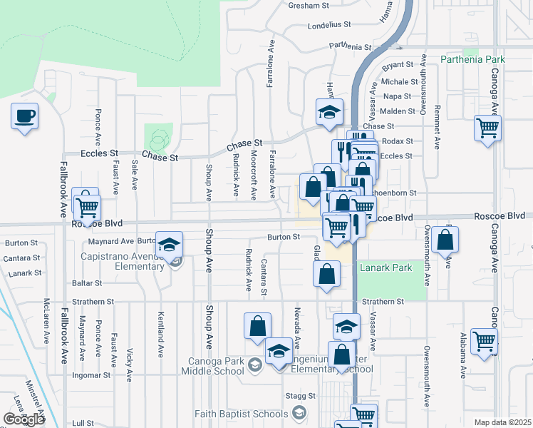 map of restaurants, bars, coffee shops, grocery stores, and more near 22225 Roscoe Boulevard in Los Angeles