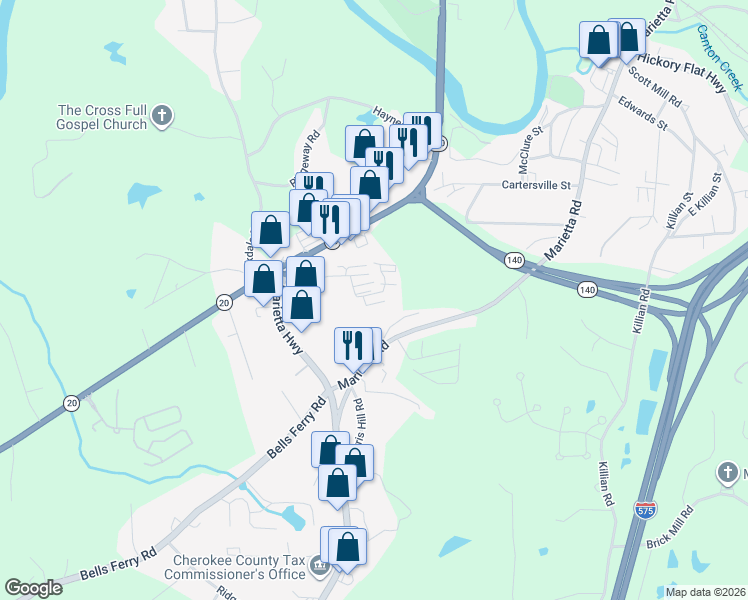 map of restaurants, bars, coffee shops, grocery stores, and more near 591 Jackie Moore Lane in Canton