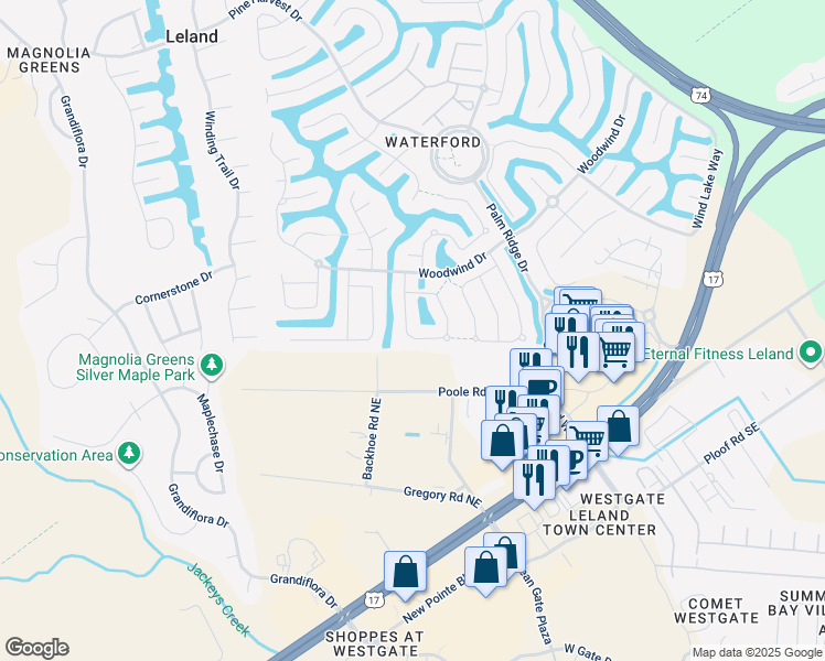 map of restaurants, bars, coffee shops, grocery stores, and more near 1021 Golden Sands Way in Leland